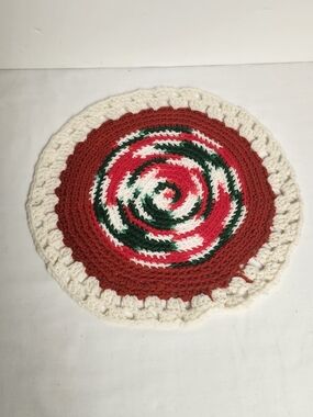 Handmade Crochet Round Trivet - Red, Green, White Swirl